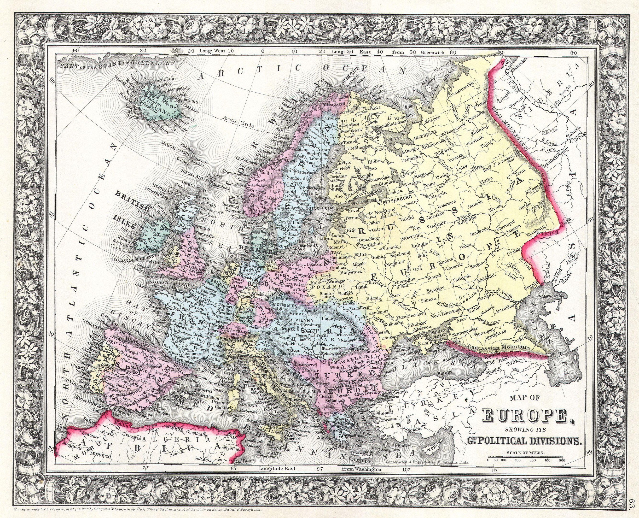 A framed old map of Europe titled "Map of Europe showing its political divisions" with the extent of the British Empire in the background.