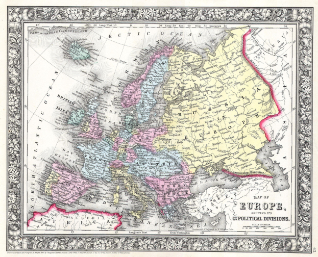 A framed old map of Europe titled "Map of Europe showing its political divisions" with the extent of the British Empire in the background.