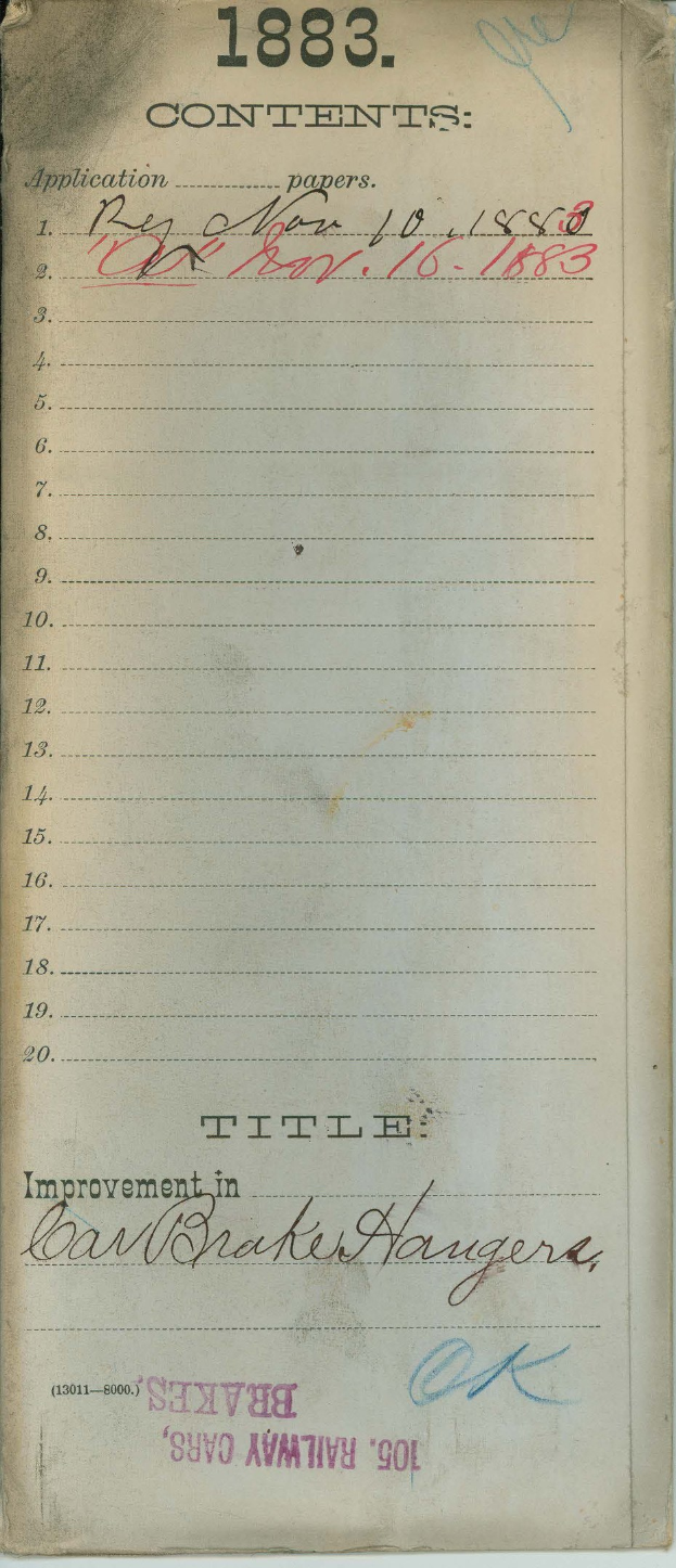 Offenes Buch mit einer Liste von Verbesserungen für Bremser's Eisenbahnwagen, datiert 1883.