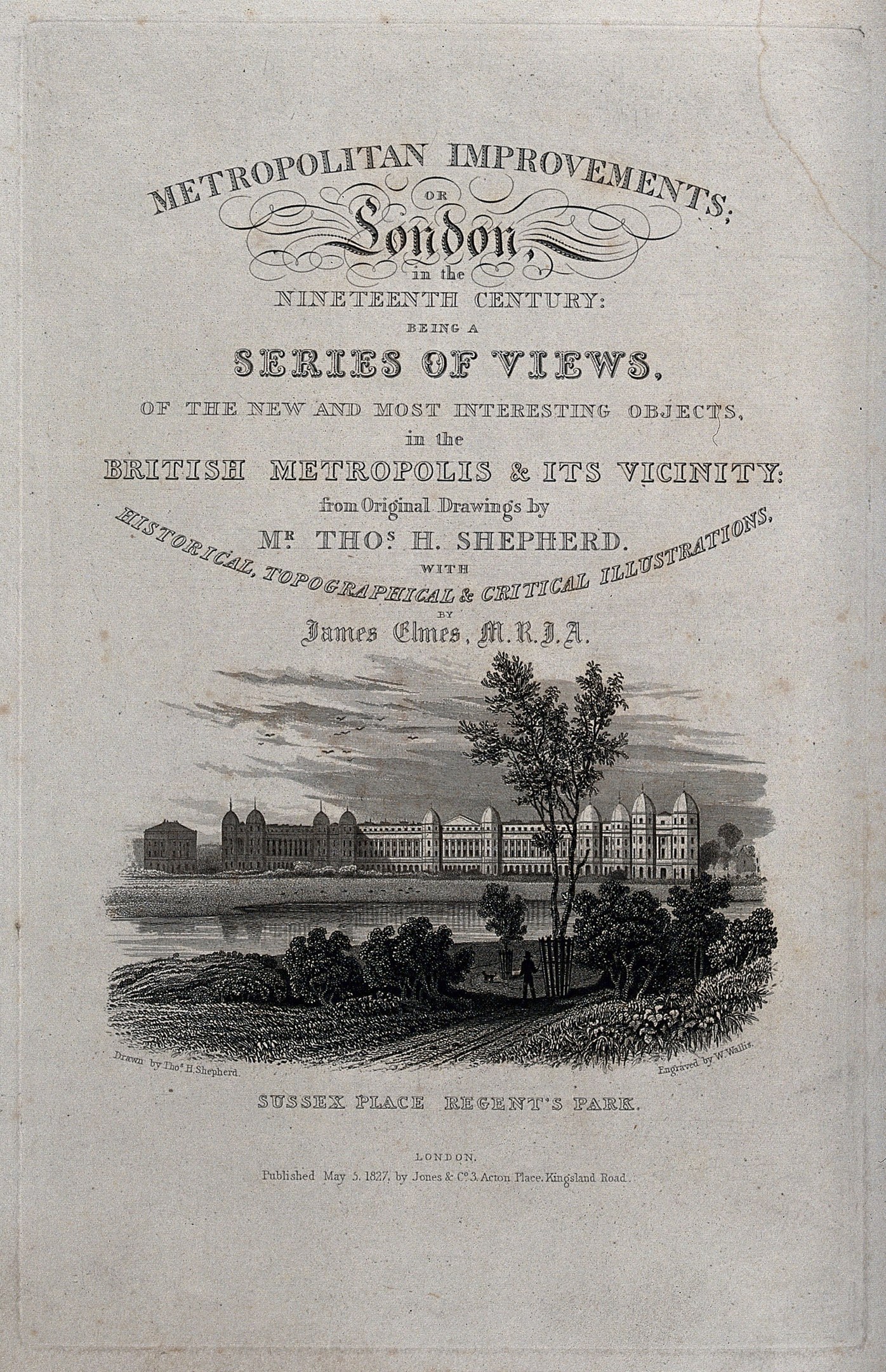 Old book cover with a detailed illustration of a cityscape featuring green trees, tall buildings, and classic-style text.