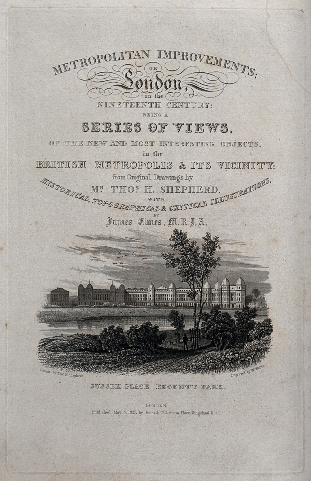Old book cover with a detailed illustration of a cityscape featuring green trees, tall buildings, and classic-style text.