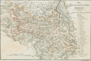 Detailed old map of the Kostensche Kreis region of Germany, displaying geographical features like rivers, mountains, and cities, with accompanying text.
