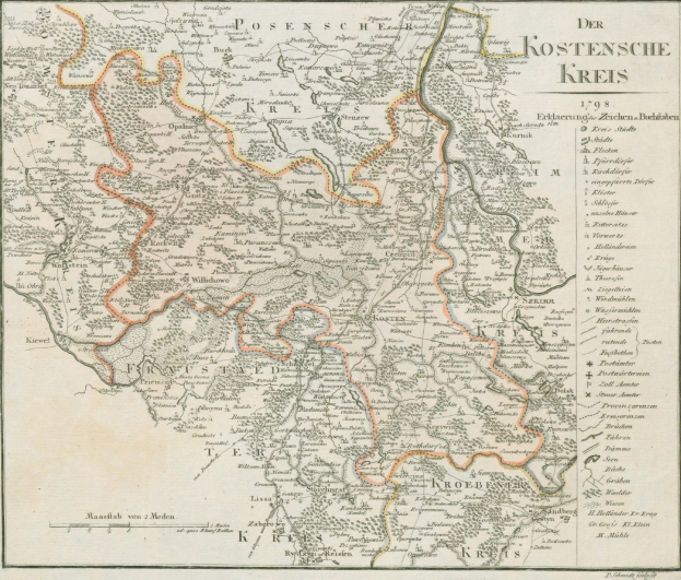 Detailed old map of the Kostensche Kreis region of Germany, displaying geographical features like rivers, mountains, and cities, with accompanying text.