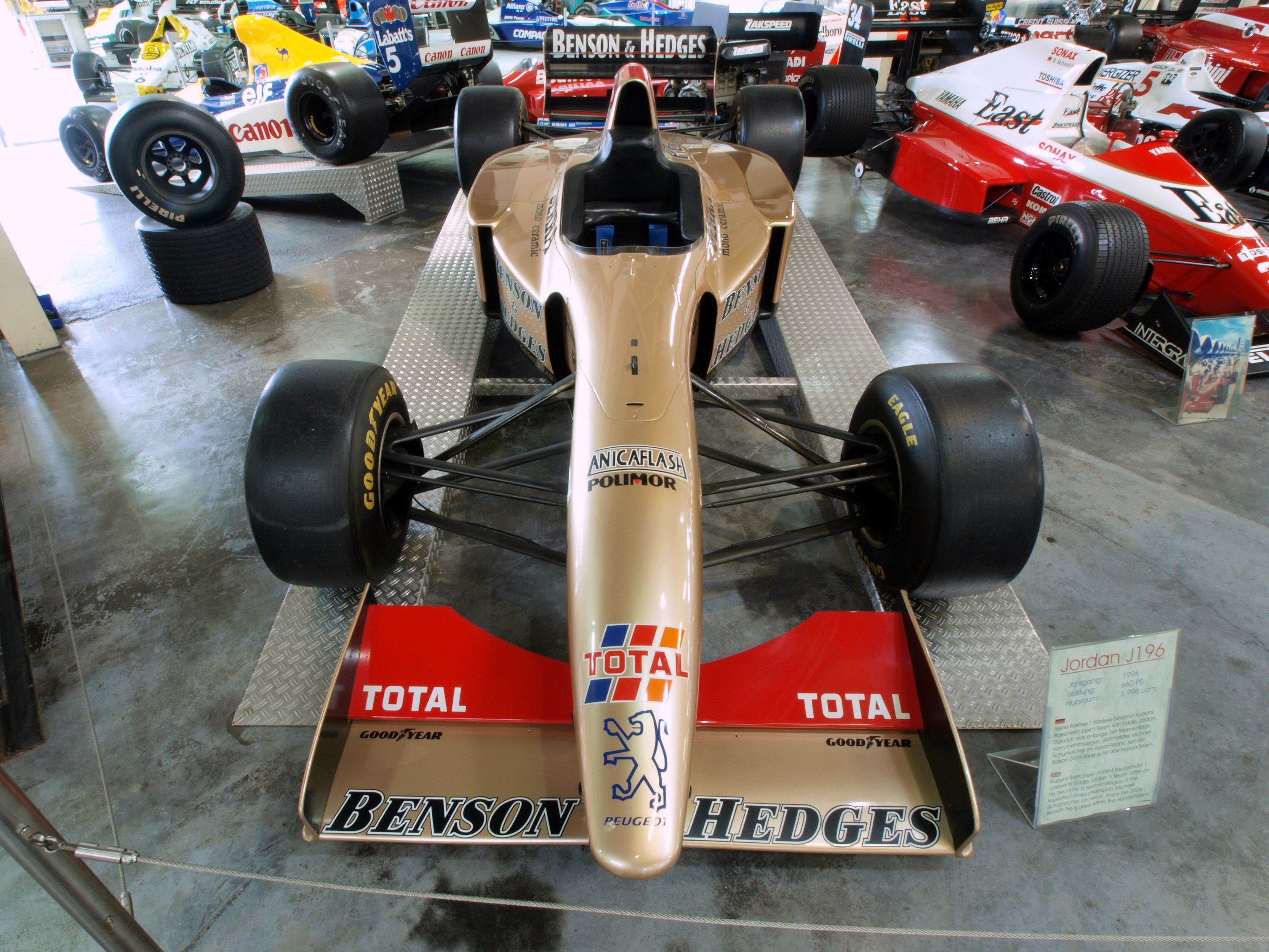 Rennwagen in einem Motorsportmuseum ausgestellt, durch einen Metallzaun von Besuchern im Hintergrund getrennt.