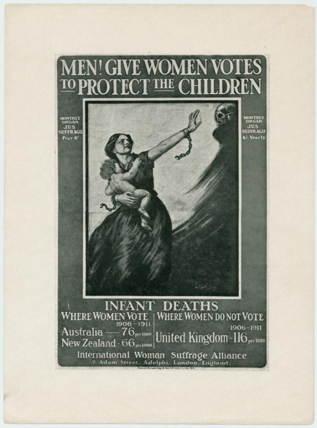 Schwarzes und weißes Plakat mit einer Frau in einem weißen Kleid, die ein Baby hält, und dem Text "Männer geben Frauen Stimmen, um die Kinder zu schützen" darüber, das die Themen Frauenrechte und Kinderbeschützung vermittelt.