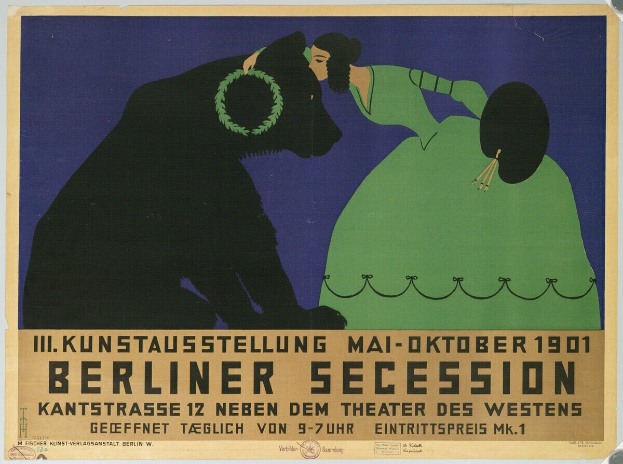 Plakat für die Berliner Secession mit einer Frau in grünem Kleid und einem Mann im schwarzen Anzug, mit Textbeschreibung.