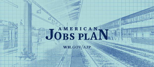 Blaupause einer Bahnhof mit der Aufschrift "American Jobs Plan" mit einem Zug auf der rechten Seite und Eisenbahnschienen daneben.