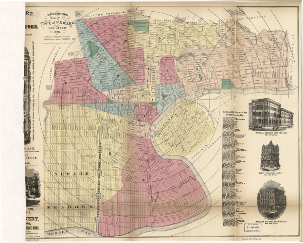 Detailed 1875 map of New York City showing buildings, streets, and text annotations.