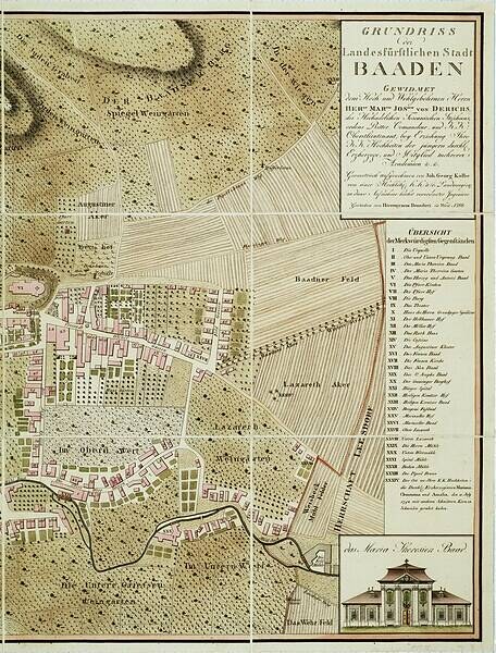 Old detailed map of Baden-Württemberg, Germany, with streets, buildings, and landmarks, featuring a building in the bottom right corner.
