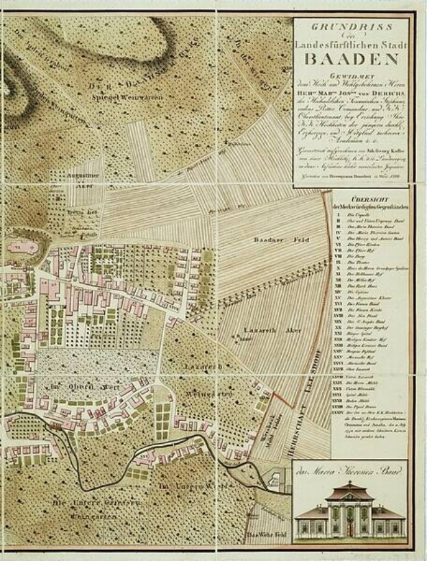 Old detailed map of Baden-Württemberg, Germany, with streets, buildings, and landmarks, featuring a building in the bottom right corner.
