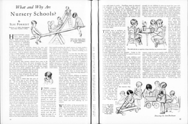 Offenes Buch mit Illustrationen und Text, das eine Zeichnung von Kindern beim Spielen in einer Kita und einen Tisch mit Gegenständen zeigt.