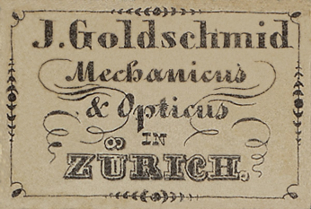 Business card for J. Goldschmidt Mechanicus & Optics in Zurich, likely from the early 20th century.