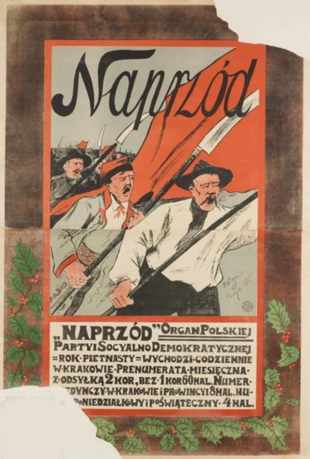 Polnischer Propagandaplakat für die polnische Revolution mit einer zentralen Figur mit menschlichem Gesicht und Text mit Ereignisdaten.