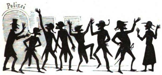 Black and white drawing of people dancing joyfully in front of a tall building with "Polizei" above them.