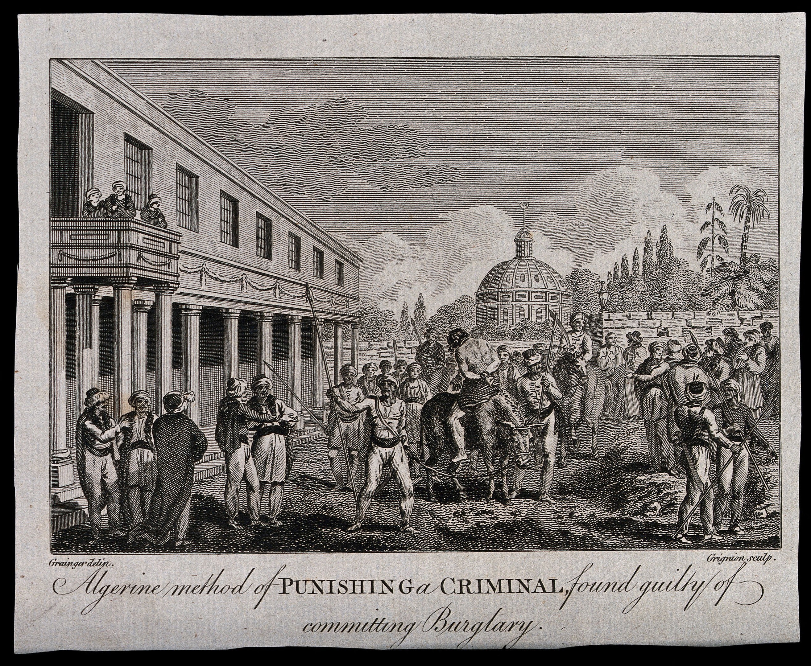 Black and white drawing of people standing in front of a building with pillars, windows, trees, and a cloudy sky, with text at the bottom reading "Algerian method of punishing a criminal found guilty of committing burglary".