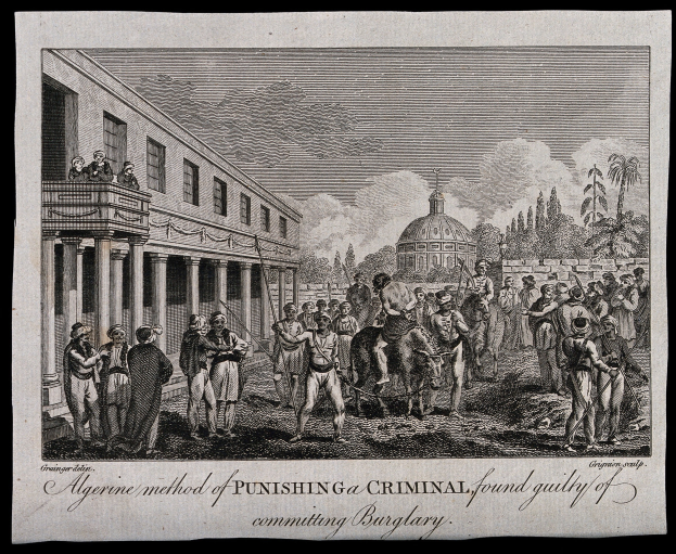 Black and white drawing of people standing in front of a building with pillars, windows, trees, and a cloudy sky, with text at the bottom reading "Algerian method of punishing a criminal found guilty of committing burglary".