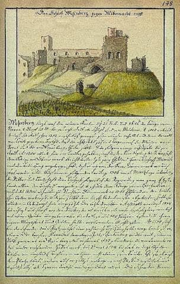Old document with a castle illustration on a hill, green grass, and blue sky, labeled "München, Germany."
