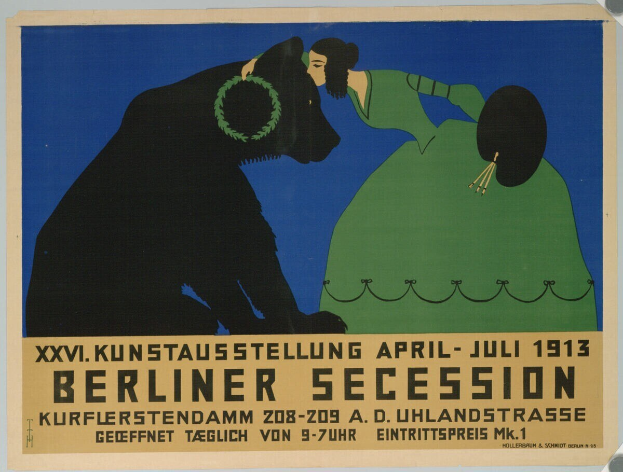 Plakat für die Berliner Secession Ausstellung von 1913, das eine Frau und einen Hund mit Text zeigt.