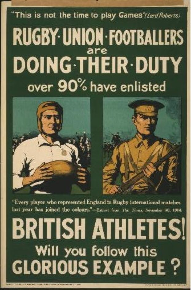 Britische Rugbyspieler in einem Plakat, das über 90% der Athleten in britischen Militärdienst zeigt, mit begleitendem Text.