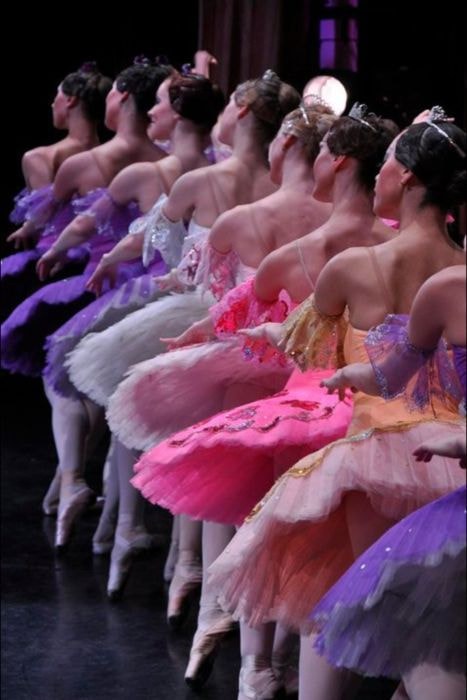Balletttänzerinnen in rosafarbenen Tutus sitzen auf einer Bühne, beleuchtet von einem Licht im Hintergrund, und führen synchronisierte Bewegungen aus.