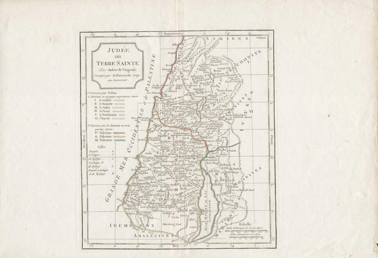 Old book with a detailed map of Israel's provinces and cities, accompanied by explanatory text.