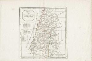 Old book with a detailed map of Israel's provinces and cities, accompanied by explanatory text.
