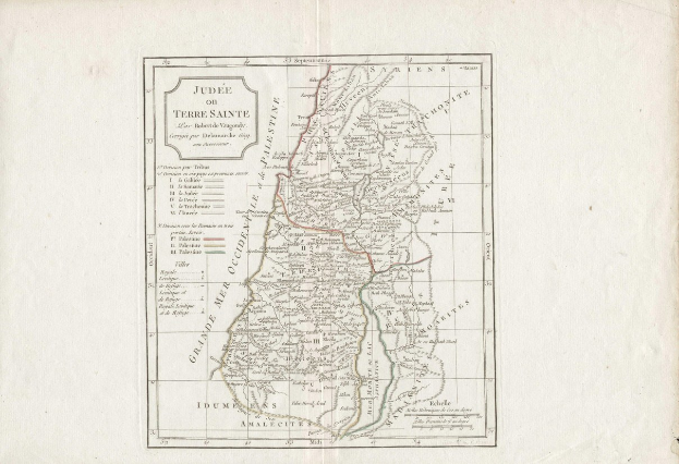 Old book with a detailed map of Israel's provinces and cities, accompanied by explanatory text.