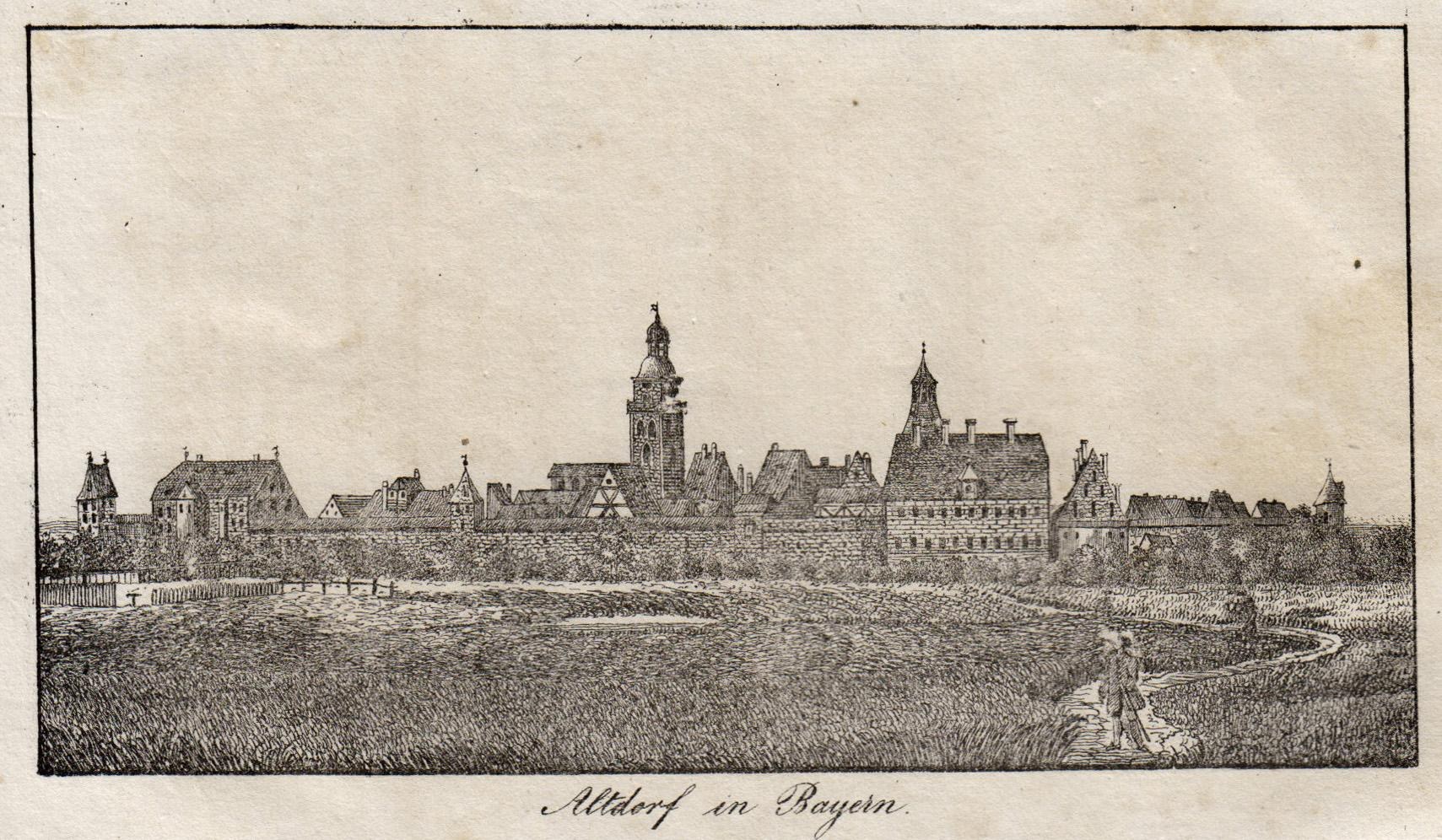A drawing of a city with a central clock tower surrounded by buildings, trees, and grass, labeled "Alterhof in Bayern" at the bottom.