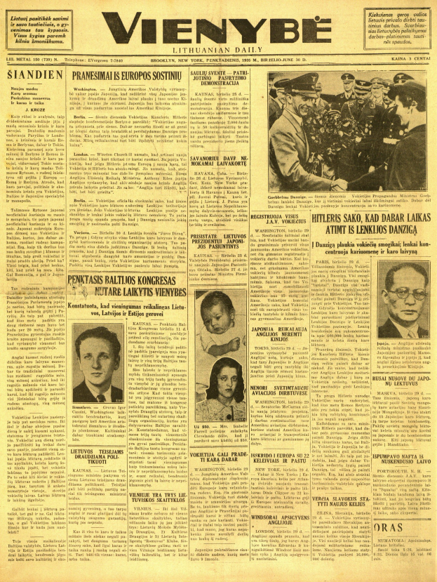 Titelseite einer vergilbten Wiener Tageszeitung aus einer früheren Ära, die Schwarz-Weiß-Porträts in einer Reihe über klassische Serifenschriften auf einem hellblauen Hintergrund zeigt.