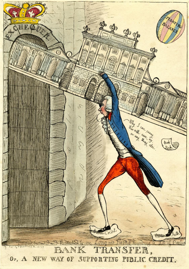 Cartoon eines Mannes in einer blauen Jacke und roten Hosen, der vor einem Gebäude steht und eine Krone trägt, mit Text unten, der lautet "Bankübertragung oder, eine neue Art der Unterstützung von öffentlichem Kredit."