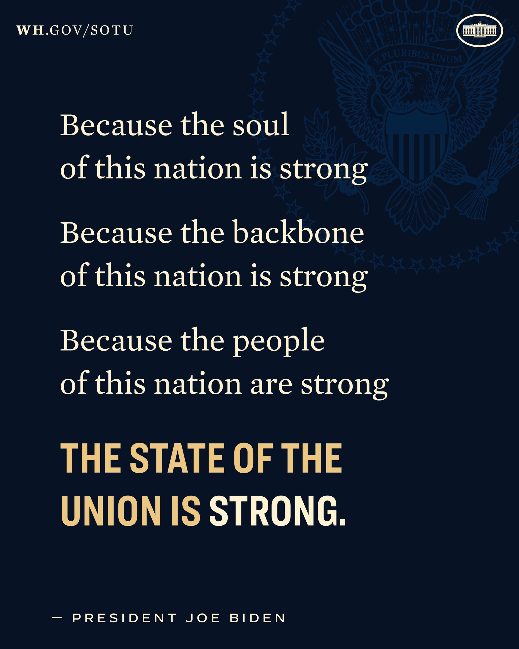 Poster featuring a shield logo with a central star, laurel wreath, and the text "United States of America," alongside the statement "The State of the Union is Strong" attributed to President Joe Biden.