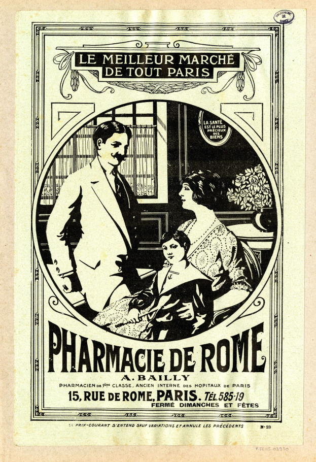 Schwarz-weiß-Werbung für eine Apotheke in Rom, auf der ein Mann und eine Frau nebeneinanderstehen und Text, der die Apotheke und ihre Dienstleistungen beschreibt.