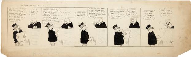 Cartoon eines Mannes in einem Zylinder und einer Frau in einem Kleid in einer Diskussion, wobei der Mann ein Blatt Papier hält.