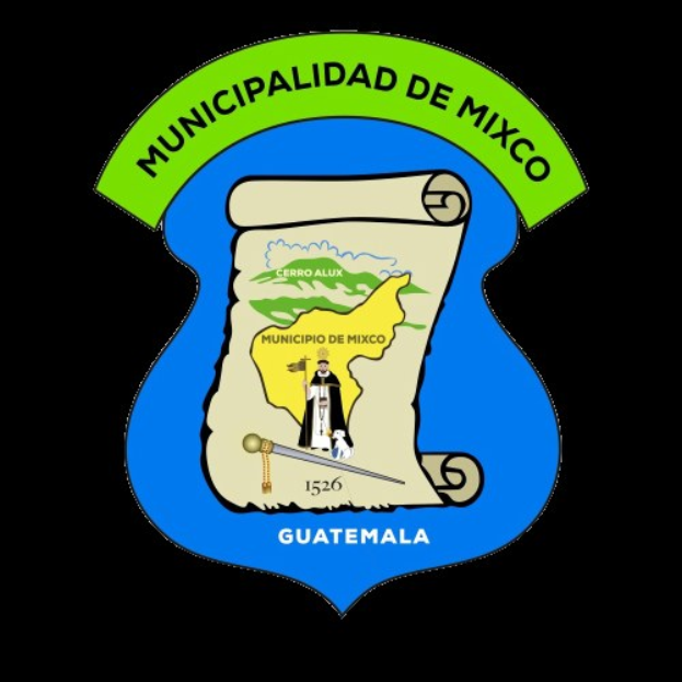Blauer Schild mit einem weißen Stern, unterteilt in einen oberen Bereich mit einer Karte von Mexiko und einem unteren Bereich mit dem Wappen Guatemalas, umrahmt von einem weißen Banner mit der Aufschrift "Municipalidad de Mexico" in blau.