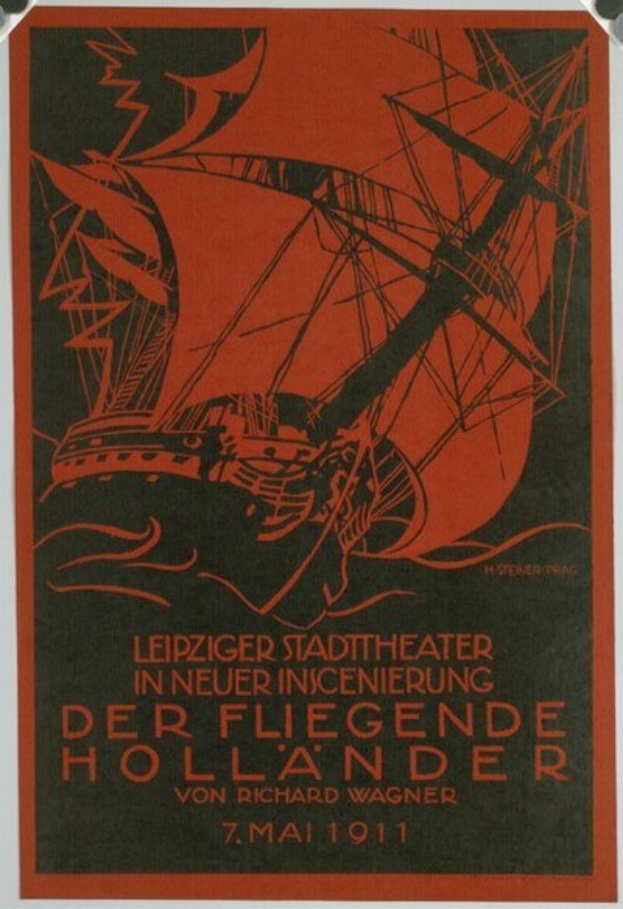 Poster for a 1911 concert at Leipzig Stadt Theater in New Orleans, featuring an illustration of a ship and event details in text.