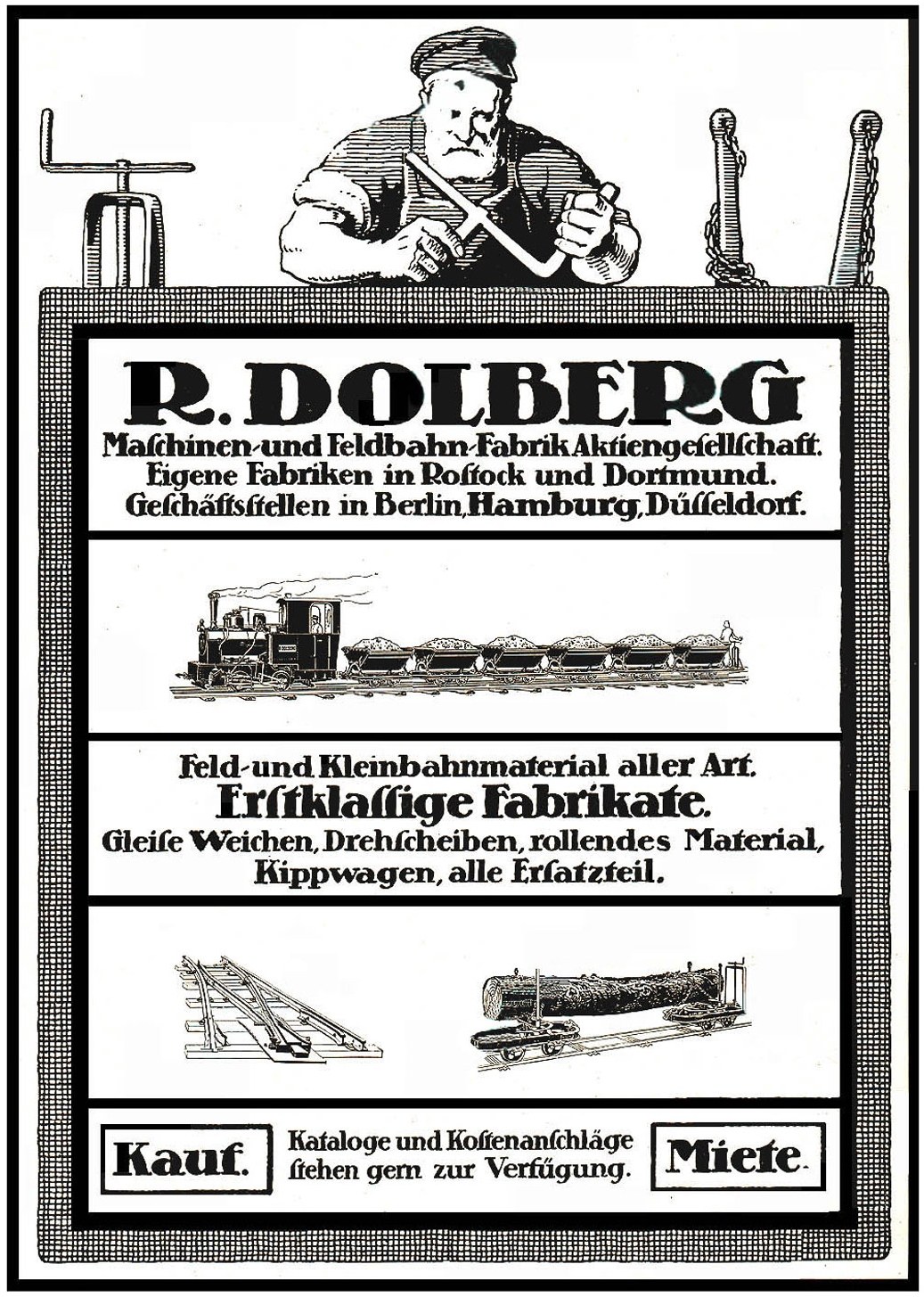 Advertisement poster for R.D. Dolberg's factory in Hamburg, Germany, featuring text and images of a person, a train, and other objects.