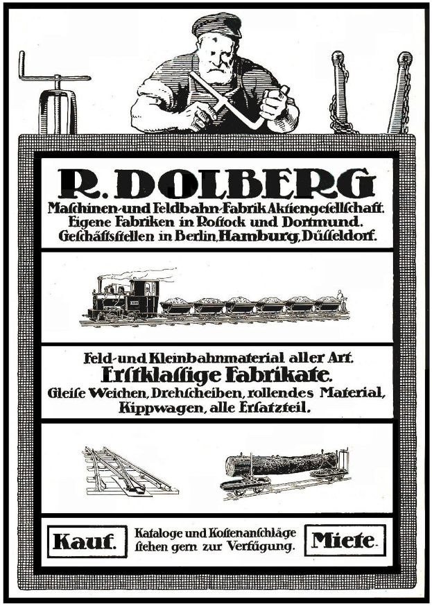 Advertisement poster for R.D. Dolberg's factory in Hamburg, Germany, featuring text and images of a person, a train, and other objects.