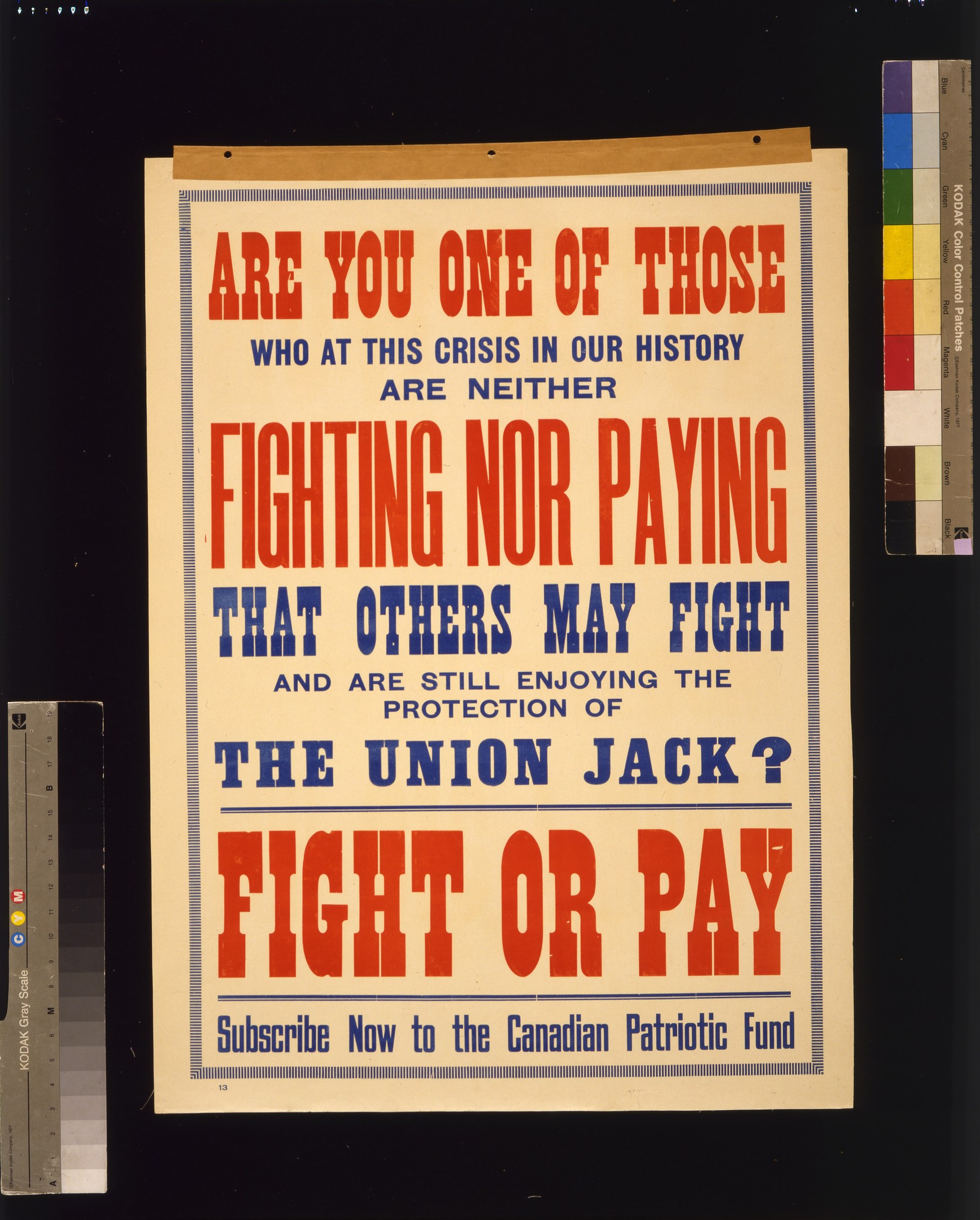 Poster with text urging financial support during a crisis, featuring a scale illustration on the left.
