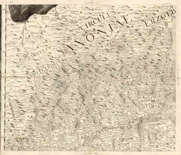 Ein detailliertes altes Kartenbild von Sachsen, Deutschland, das geografische Merkmale wie Flüsse, Berge und Städte zeigt, mit begleitendem Text, der Informationen über die Region und ihre Einwohner bereitstellt.