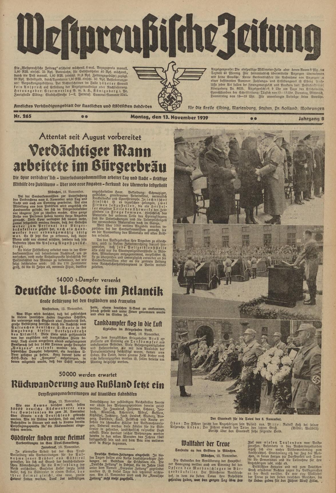 Titelseite der deutschen Zeitung "Weitpreubliche Zeitung" vom 13. November 1939 mit einer Gruppe von Menschen in traditioneller deutscher Kleidung in einer festlichen Umgebung.