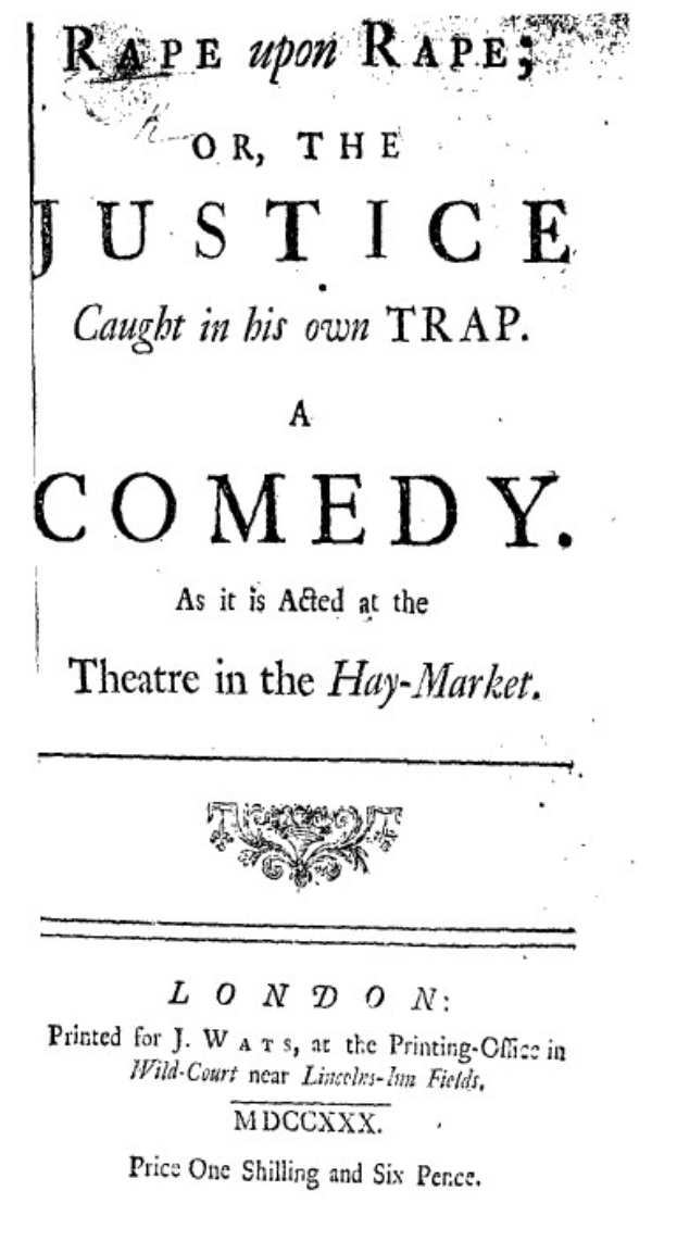 Ein Schwarz-Weiß-Plakat mit fetter, schwarzer Schrift, das "Vergewaltigung Über Vergewaltigung oder die Gerechtigkeit, die in ihrer eigenen Falle gefangen ist" liest, wahrscheinlich eine Comedy-Show ankündigt.