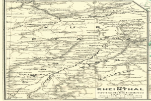 Ein detailliertes altes Kartenbild des Rheins in Deutschland, das Flüsse, Städte und Gewässer zeigt, mit beschreibendem Text oben und unten.