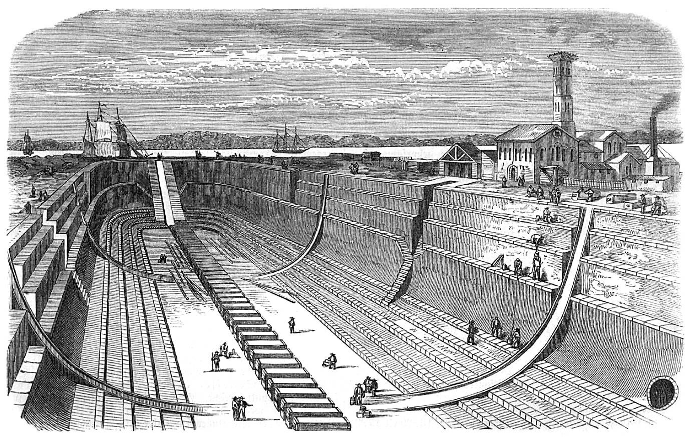 Schwarze und weiße Zeichnung eines großen Damms mit Menschen darauf, umgeben von Gebäuden, Bäumen und einem bewölkten Himmel, mit Text unten, der 'Wasserwerke in den Vereinigten Staaten' liest.