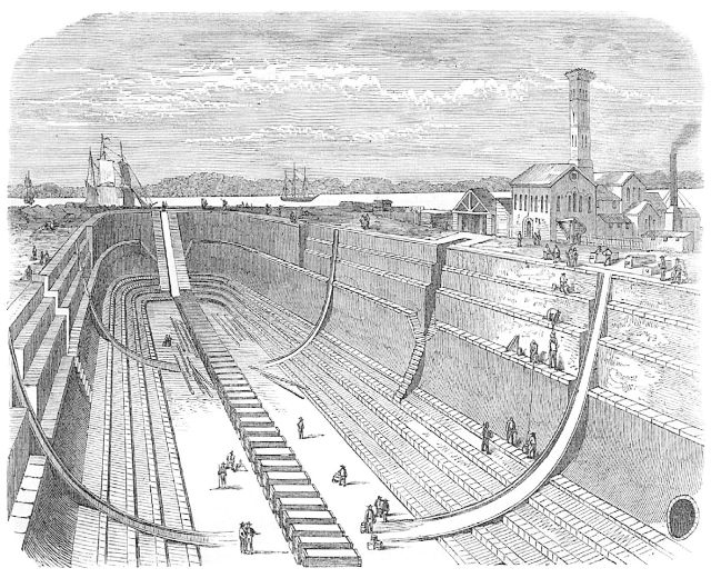 Schwarze und weiße Zeichnung eines großen Damms mit Menschen darauf, umgeben von Gebäuden, Bäumen und einem bewölkten Himmel, mit Text unten, der 'Wasserwerke in den Vereinigten Staaten' liest.