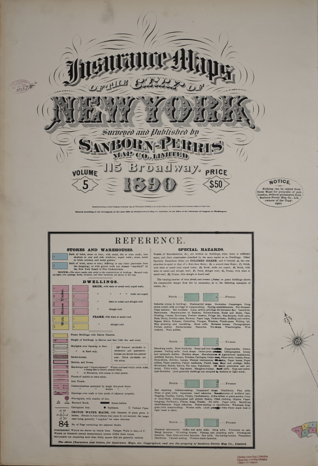 Old book with a black and white map of New York on the cover and text on the page beneath.