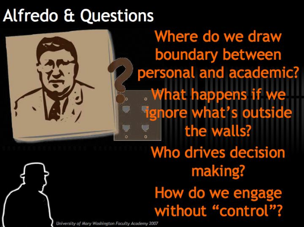 Ein Plakat mit einem Bild von Alfredo und Text, der Fragen zur persönlichen und akademischen Grenze, Entscheidungsfindung und Engagement stellt.