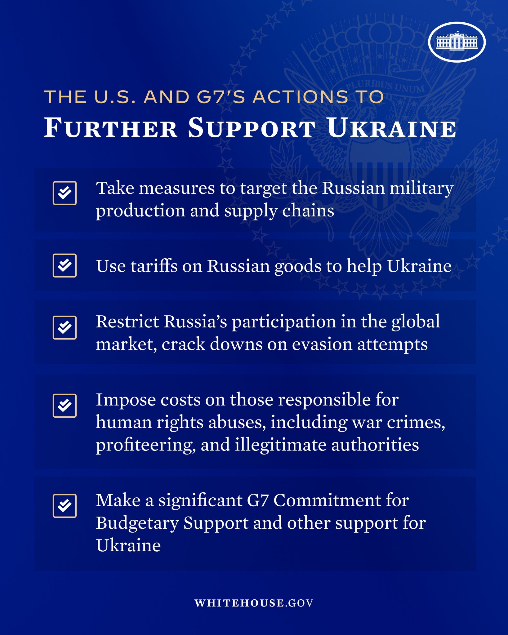 Blue poster with bold white text and a white circle logo containing red "G7" text, titled "The U.S. and G7's Actions to Further Support Ukraine."
