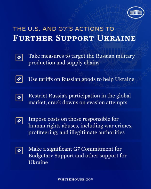 Blue poster with bold white text and a white circle logo containing red "G7" text, titled "The U.S. and G7's Actions to Further Support Ukraine."
