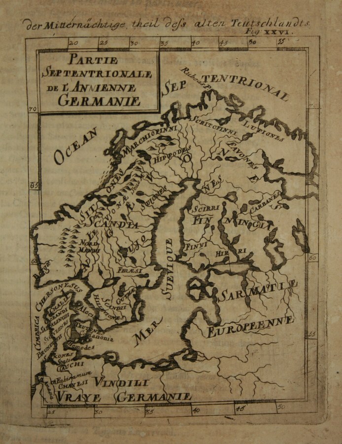 An old book with a detailed map of Germany on its cover, showing geographical features like rivers, mountains, and cities, alongside text with place names.