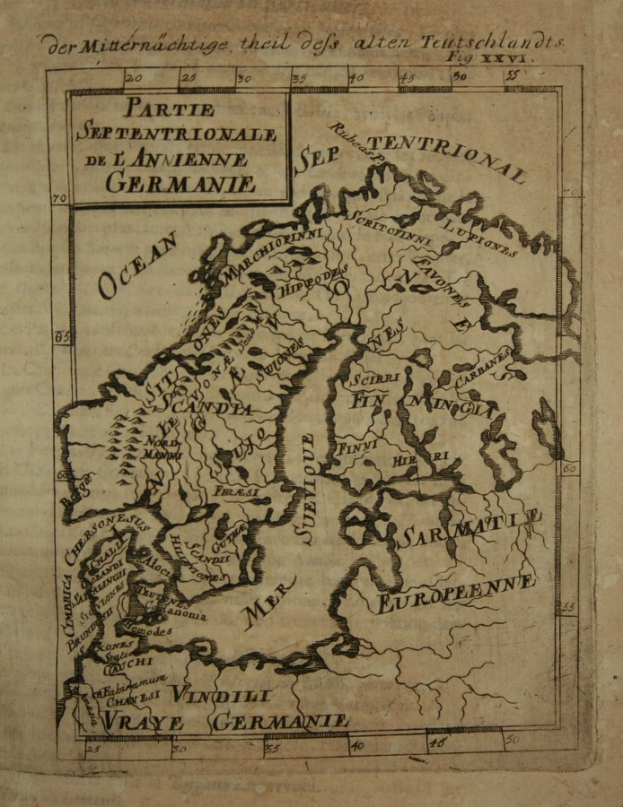 An old book with a detailed map of Germany on its cover, showing geographical features like rivers, mountains, and cities, alongside text with place names.